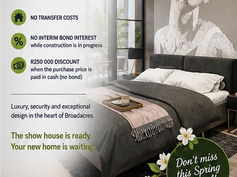 A modern bedroom featuring large sliding glass doors and contemporary wall art, presented as part of a promotional real estate advertisement.
