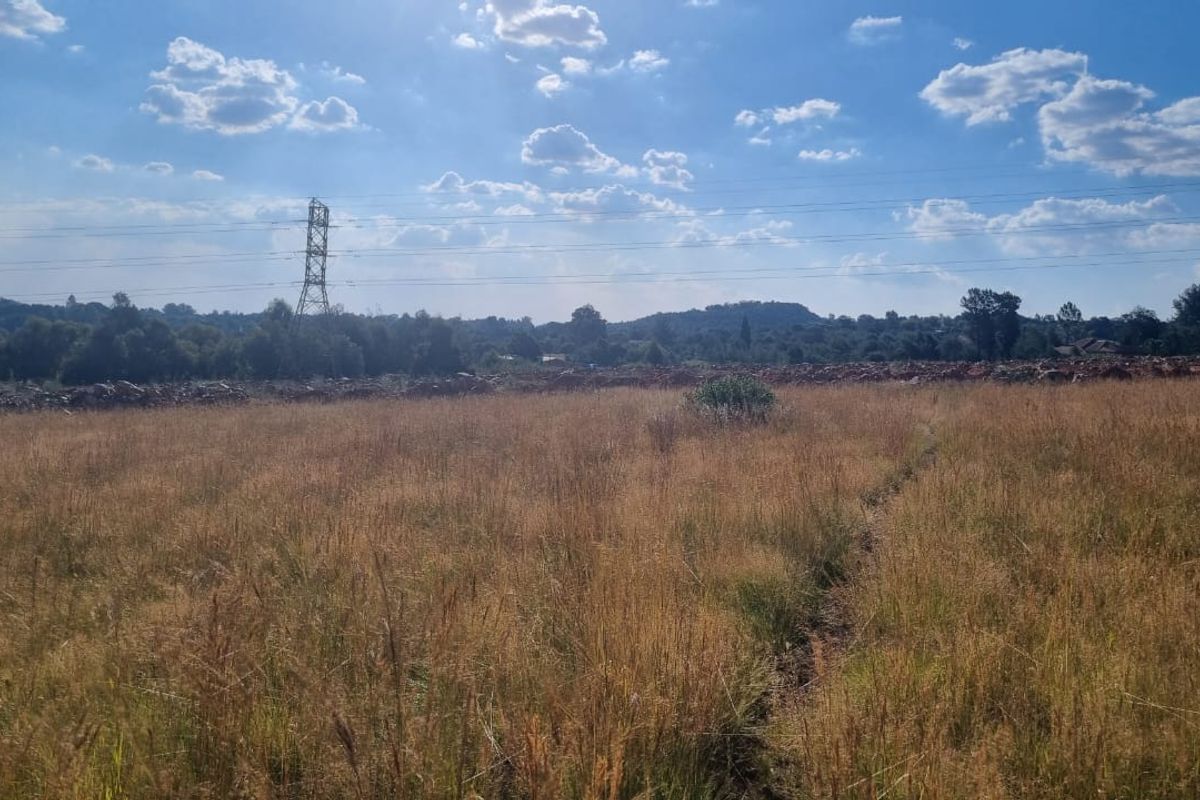 A view of a large, undeveloped residential plot featuring natural grass and a stone boundary wall against a scenic landscape backdrop.