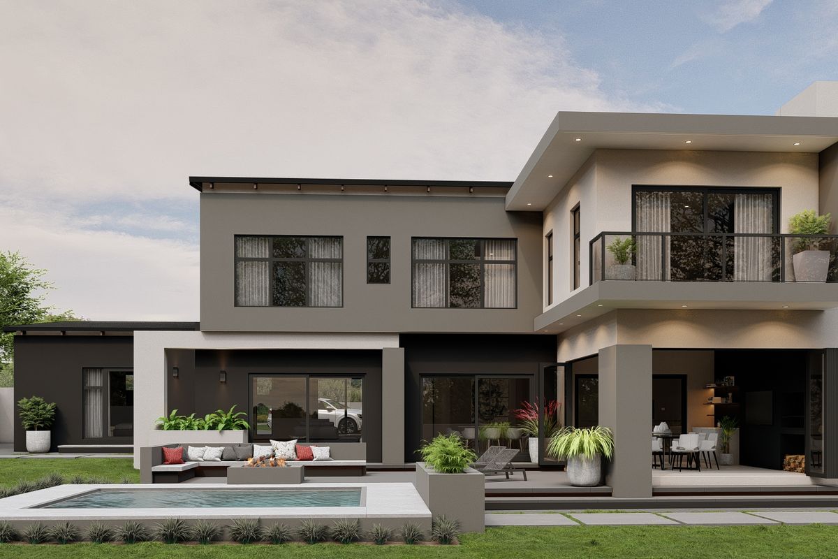 Modern double-story residence featuring a sleek exterior, integrated swimming pool, covered patio area, and contemporary architectural design with large glass sliding doors.