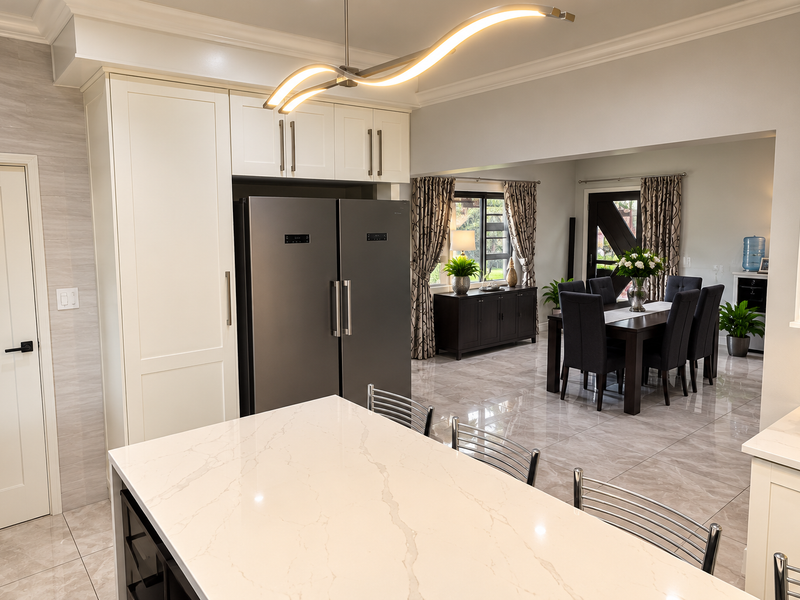 Modern open-plan kitchen and dining area featuring a stone island, sleek cabinetry, integrated appliances, and polished tiled flooring throughout.
