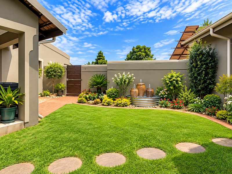 A beautifully landscaped rear garden featuring a manicured lawn, brick pathways, a decorative water feature, and established perimeter garden beds.