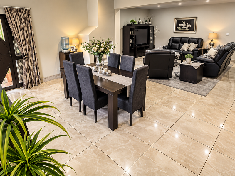 Spacious open-plan living and dining area featuring polished porcelain tile flooring, recessed lighting, and direct access to the exterior through a double glass door.