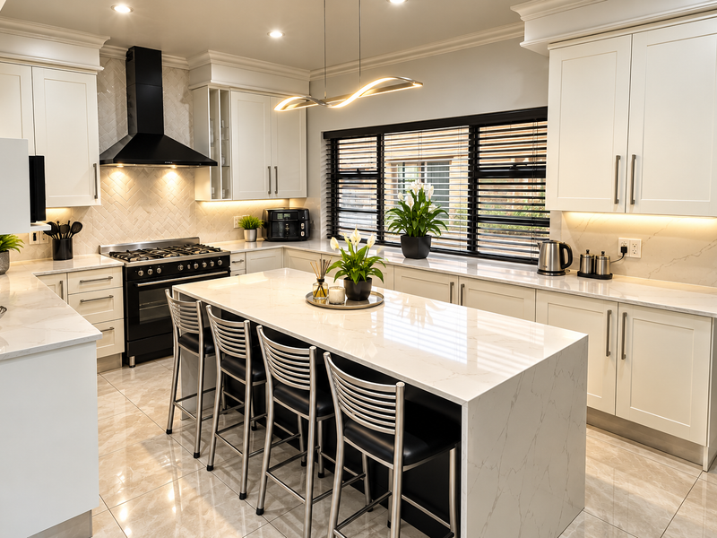 Modern kitchen featuring a large central island with quartz countertops, high-end gas range, sleek cabinetry, and elegant under-cabinet lighting.