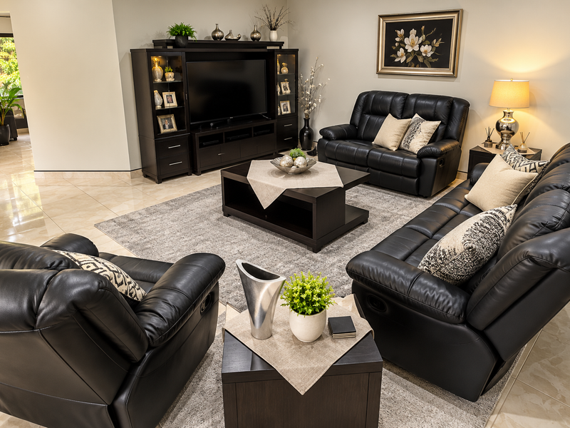 A well-maintained living room featuring neutral tiled flooring and recessed lighting, providing a comfortable and inviting space for relaxation.