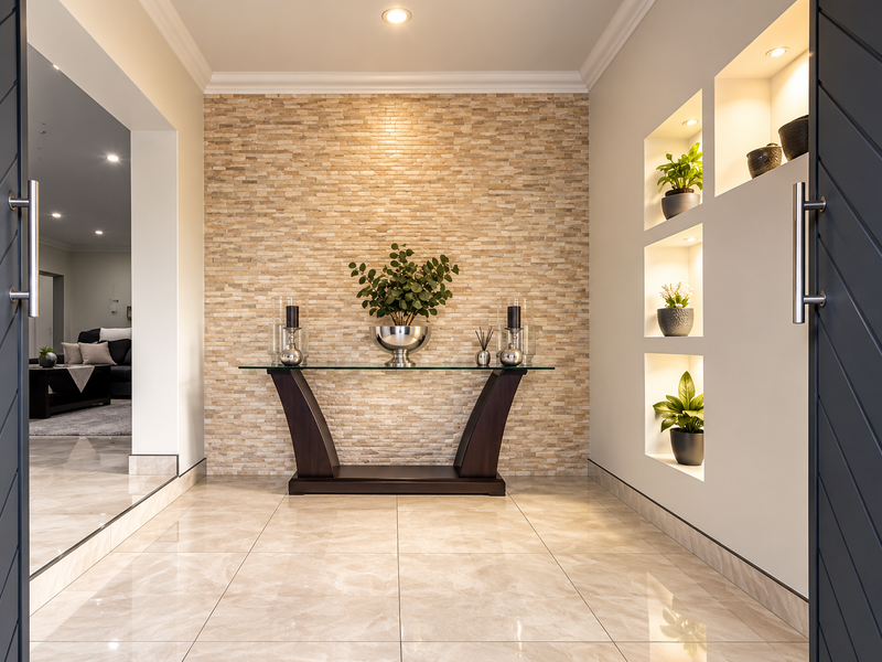 Elegant entrance foyer featuring a textured stone feature wall, integrated recessed display niches with lighting, and polished porcelain floor tiles.