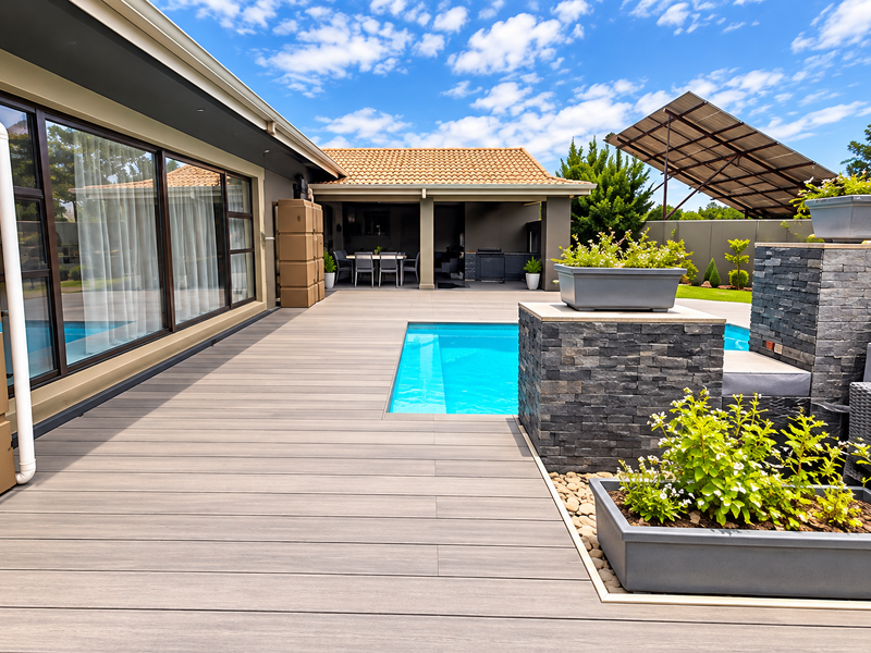 Modern outdoor pool area featuring composite decking, stacked stone water feature, and a covered patio space with integrated sliding glass doors.