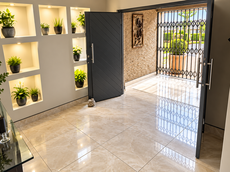 Modern entrance hall featuring polished tiled flooring, recessed wall niches with integrated lighting, and a secure pivot door leading to an outdoor area.