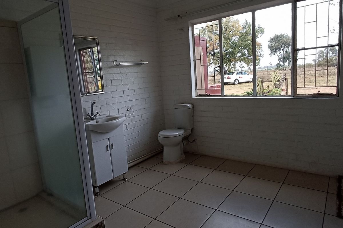 A spacious, empty bathroom featuring a shower enclosure, vanity basin, and toilet, with large windows and tiled flooring throughout.