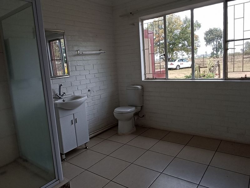 A spacious, empty bathroom featuring a shower enclosure, vanity basin, and toilet, with large windows and tiled flooring throughout.