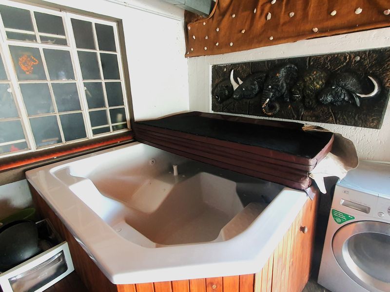 Utility space featuring a built-in jacuzzi tub and grid-pane window, offering potential for a dedicated spa or relaxation area.