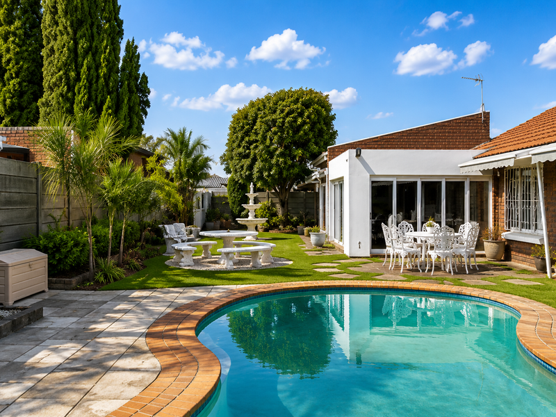 A well-maintained backyard featuring a swimming pool with brick coping, paved patio area, artificial lawn, and direct access to the home via sliding doors.