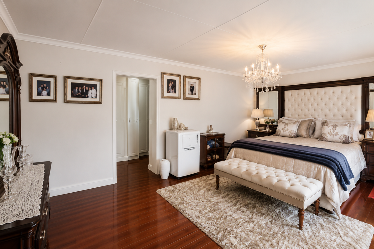 Spacious bedroom featuring polished hardwood flooring, a decorative crystal chandelier, and a neutral color palette with access to a built-in wardrobe.