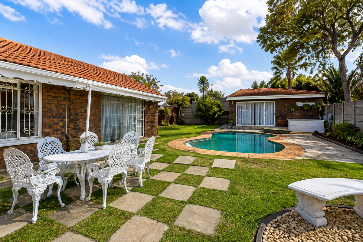 A well-maintained rear garden featuring a swimming pool, paved patio area, and a separate outbuilding with sliding doors.