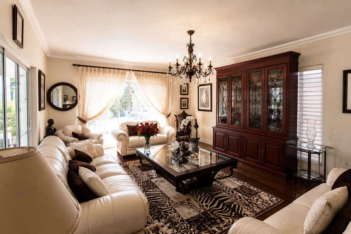 A well-maintained living room featuring hardwood flooring, crown molding, a large built-in display cabinet, and sliding glass doors providing natural light.