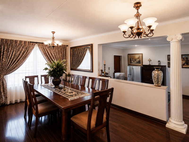 Elegant dining room featuring rich hardwood flooring, decorative columns, and classic chandeliers, seamlessly connected to an adjacent kitchen area via a half-wall partition.