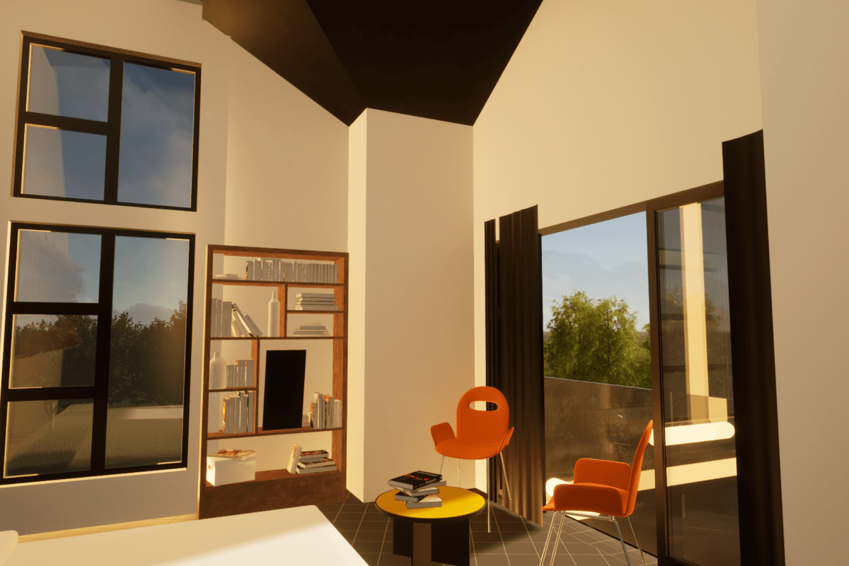 A modern bedroom featuring high vaulted ceilings, large windows, and sliding glass doors that open to an outdoor area.