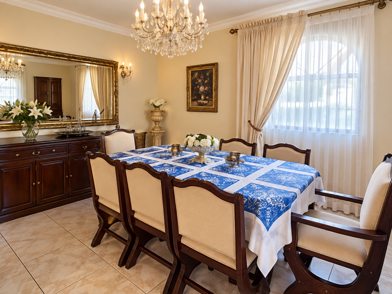 Elegant dining room featuring ceramic tile flooring, a classic crystal chandelier, crown molding, and an arched window with soft drapery.