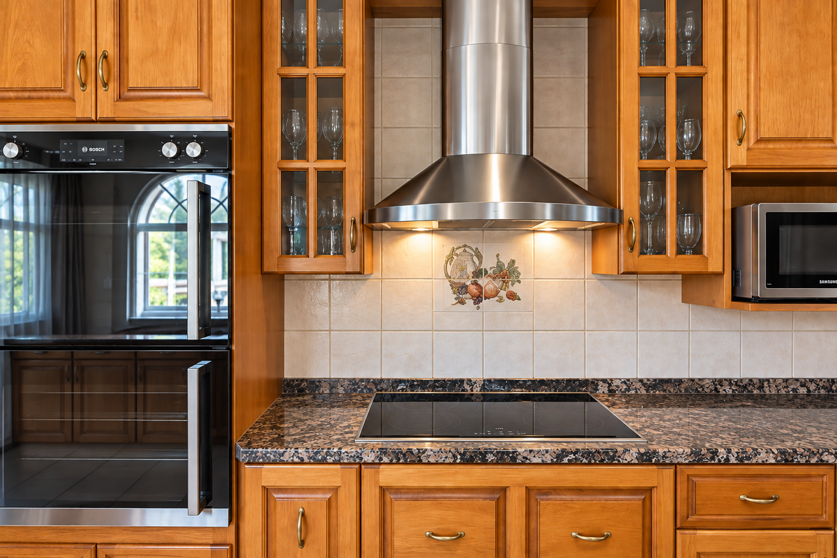 A well-maintained kitchen featuring warm wood cabinetry, granite countertops, a built-in Bosch oven, induction cooktop, and a stainless steel extractor fan.