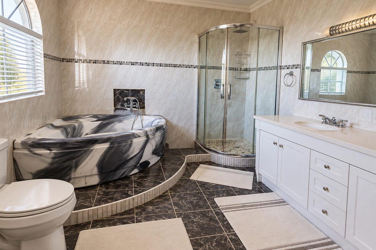 Spacious bathroom featuring a corner bathtub with marble-effect finish, a separate glass shower enclosure, and a white vanity cabinet with an undermount sink.