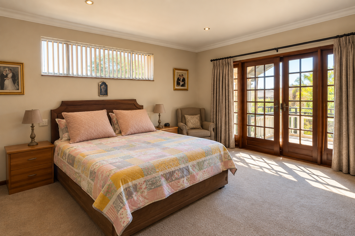 Spacious bedroom featuring neutral walls, carpeted flooring, recessed lighting, and direct access to a private balcony through timber-framed glass sliding doors.