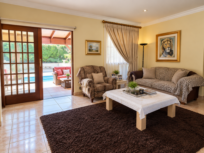 A bright living room featuring ceramic floor tiles, crown molding, and a large sliding glass door providing direct access to the patio and pool area.