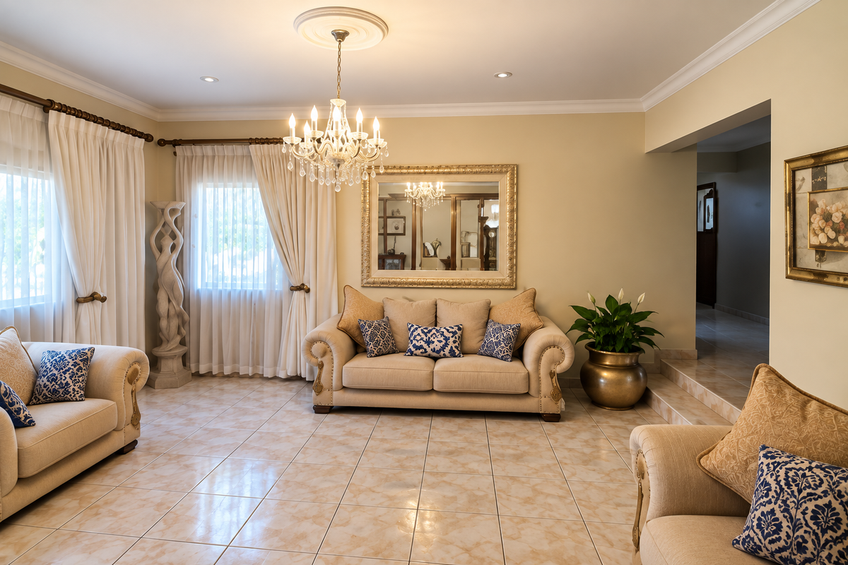 A well-maintained living room featuring ceramic tile flooring, elegant coved cornicing, and a central crystal chandelier with matching ceiling rose.