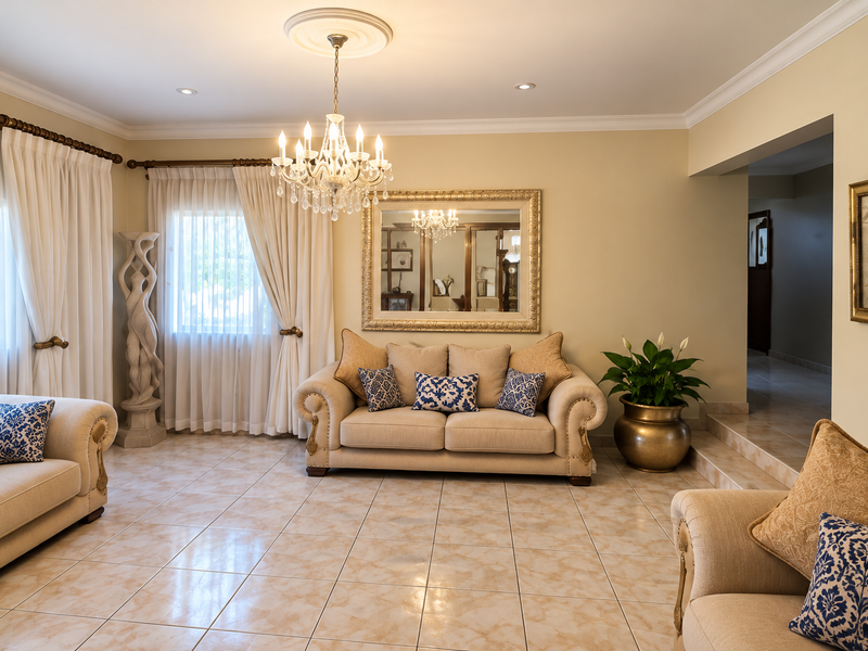 A well-maintained living room featuring ceramic tile flooring, elegant coved cornicing, and a central crystal chandelier with matching ceiling rose.