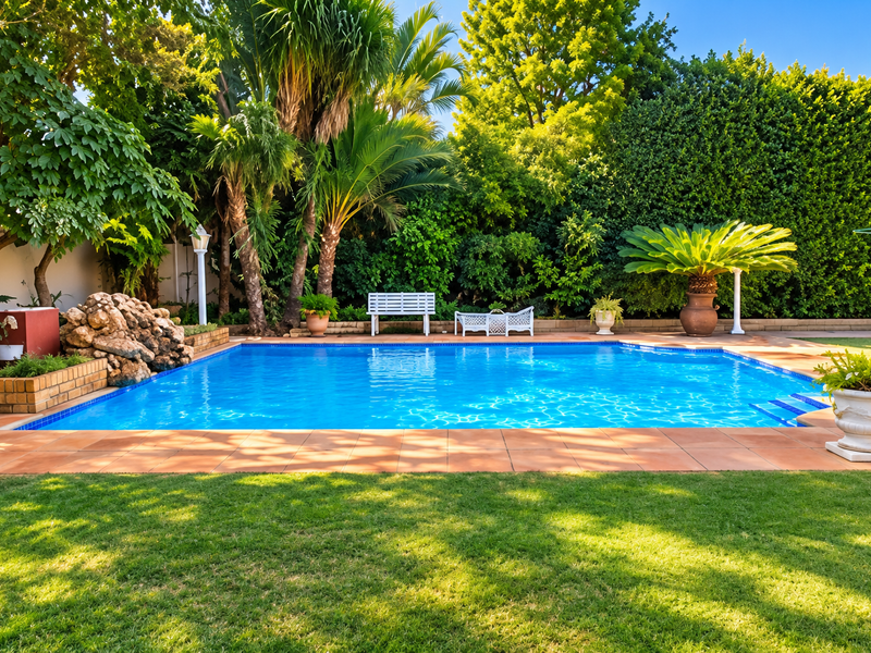 A well-maintained swimming pool area featuring a tiled surround, established garden landscaping, and mature trees, providing a private and serene outdoor setting.