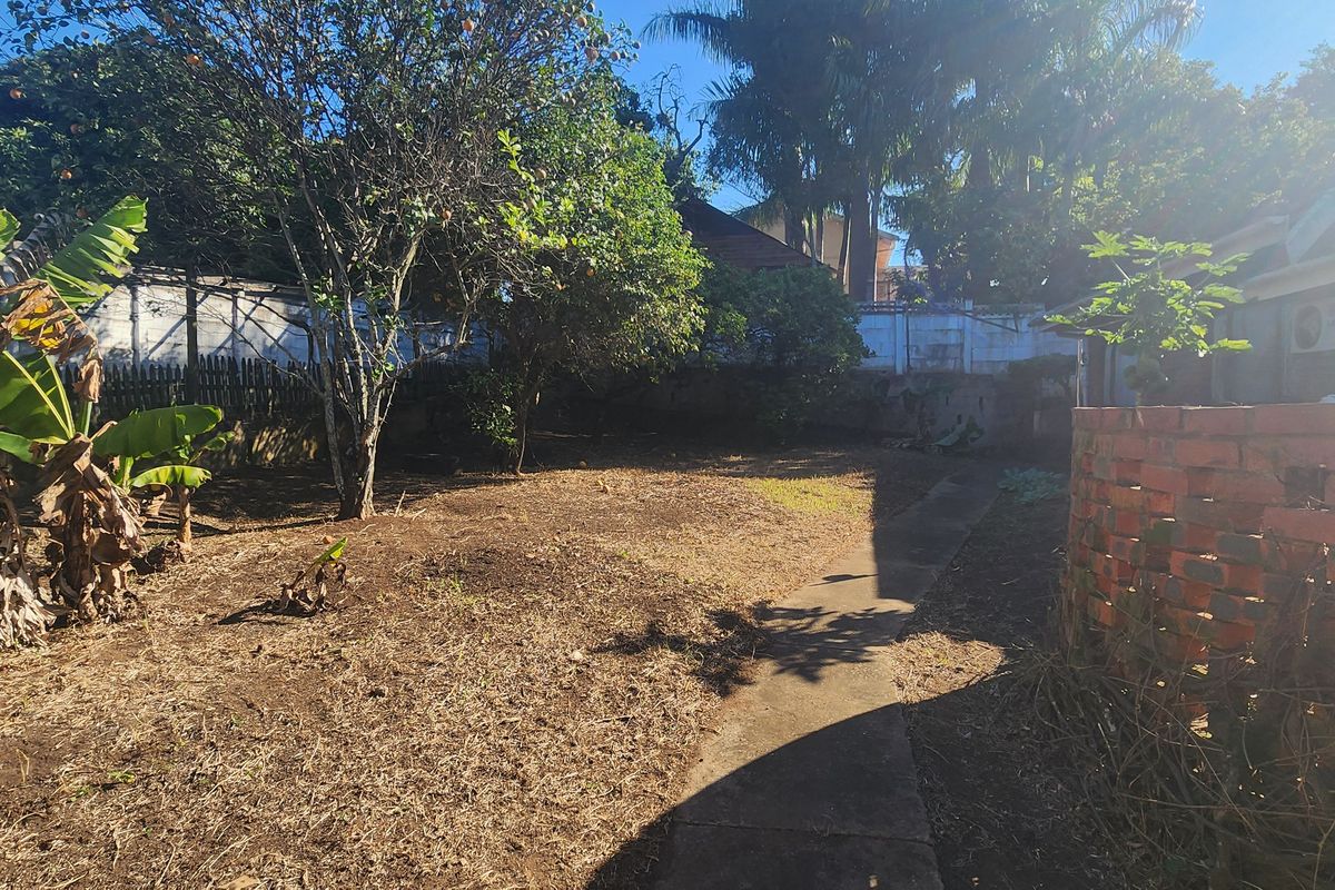 A rear garden area featuring a concrete pathway, mature trees, and a brick boundary wall, offering potential for landscaping and outdoor improvement.