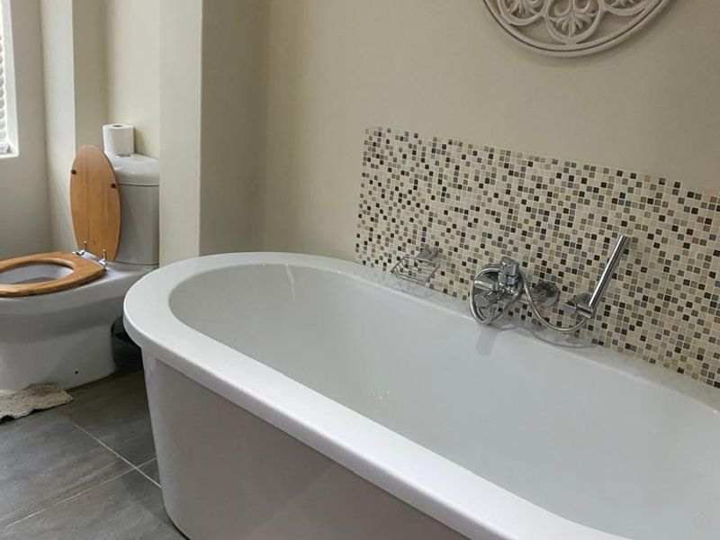 A well-maintained bathroom featuring a modern freestanding bathtub with a mosaic tile splashback, chrome fixtures, and a separate toilet area.