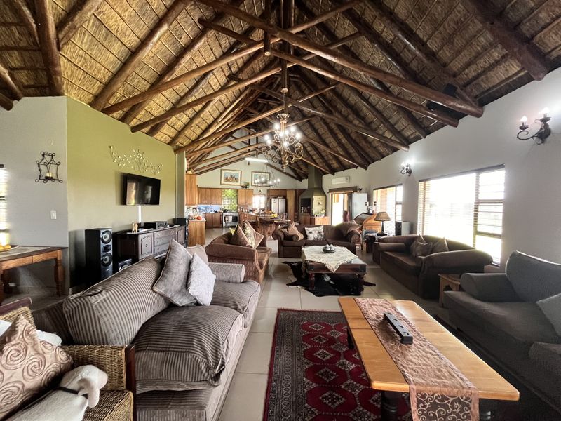 Spacious open-plan living and kitchen area featuring a high vaulted thatched ceiling with exposed timber trusses and tiled flooring throughout.