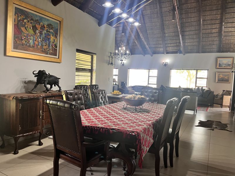 Spacious open-plan living and dining area featuring a high vaulted thatched roof with exposed timber rafters and large windows providing natural light.