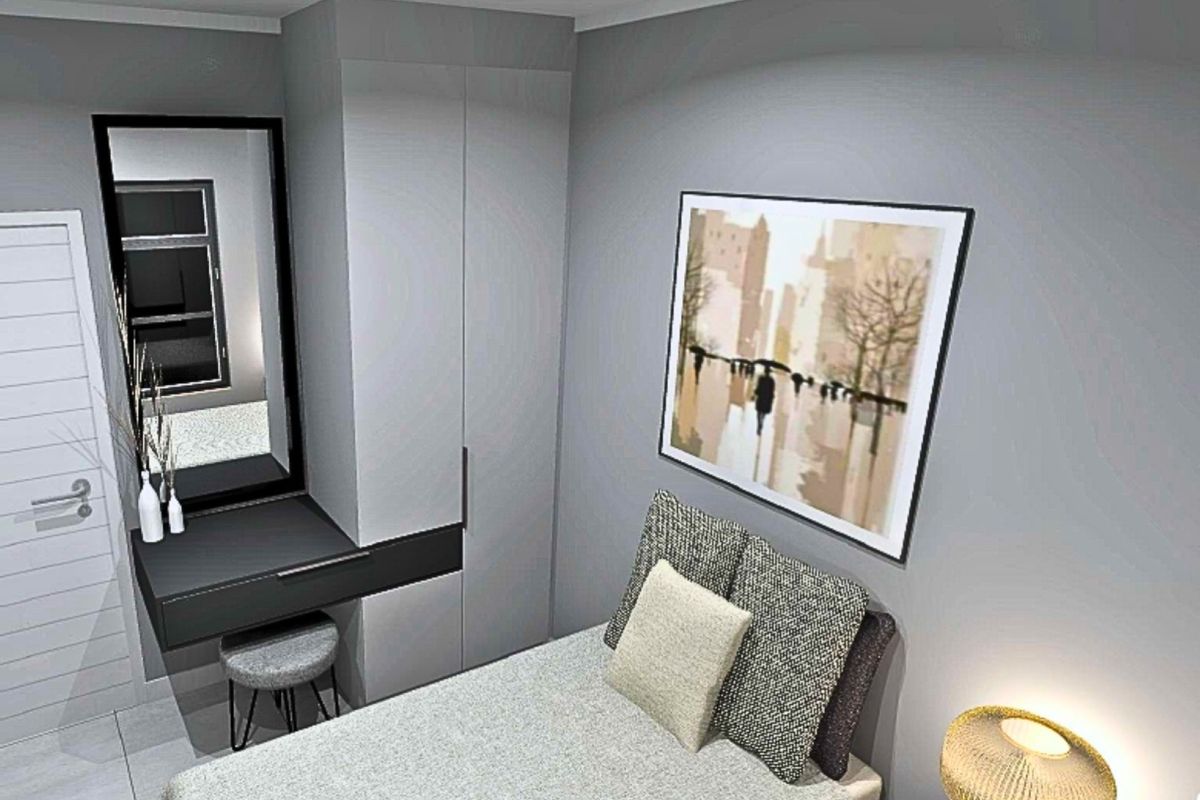 A modern bedroom featuring built-in cabinetry with an integrated vanity station and neutral grey wall finishes.