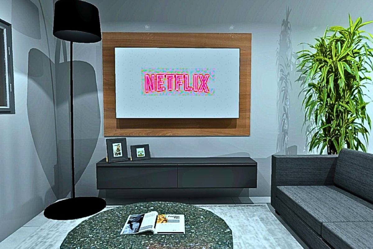 A modern living room featuring a wall-mounted television unit with wood-look paneling and a sleek floating media console.