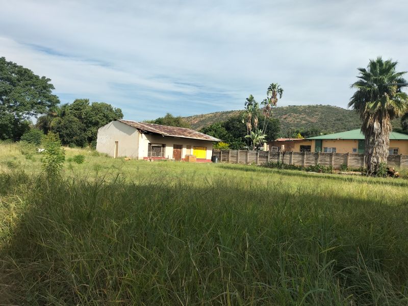 A view of the rear exterior of a residential property featuring a large overgrown yard, precast boundary wall, and a structure with a damaged roof.