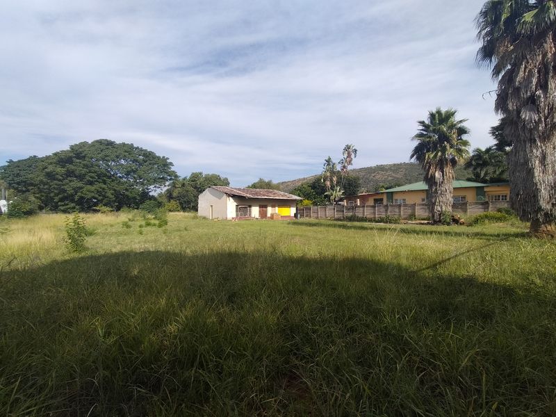 A view of a residential plot featuring a small existing structure, mature palm trees, and a concrete boundary wall, set against a natural landscape.