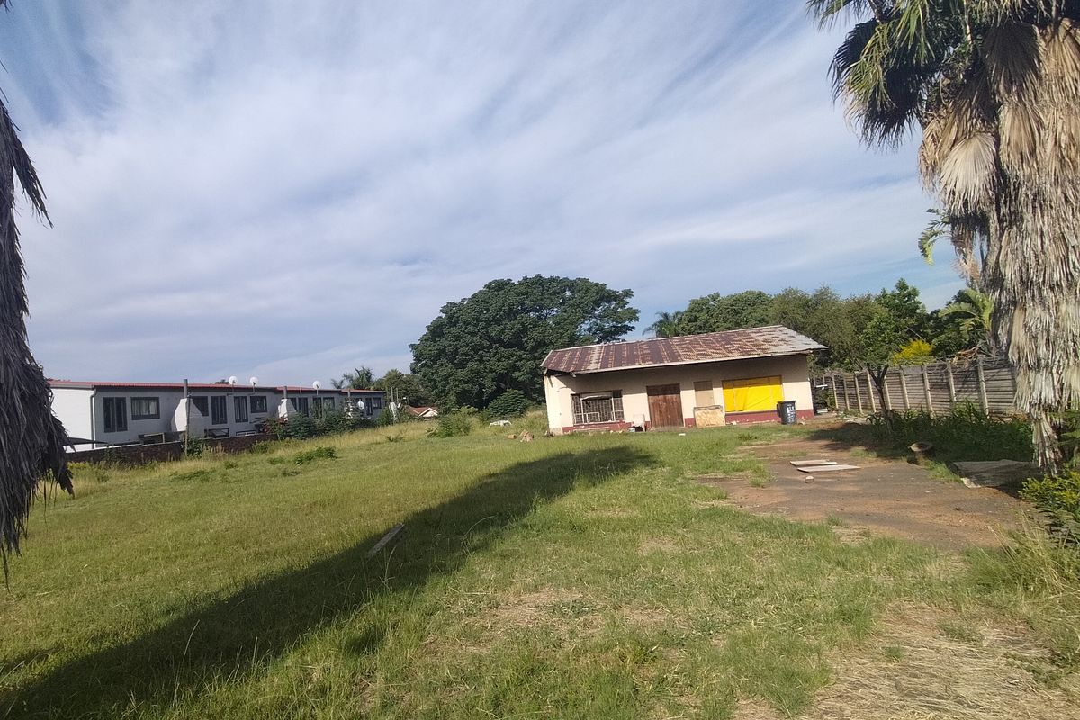 A view of a residential plot featuring a small detached structure with a metal roof, surrounded by overgrown grass and concrete boundary walls.