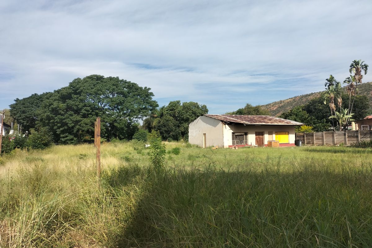 A view of a residential plot featuring an existing structure with a rusted roof, surrounded by overgrown grass and mature trees.