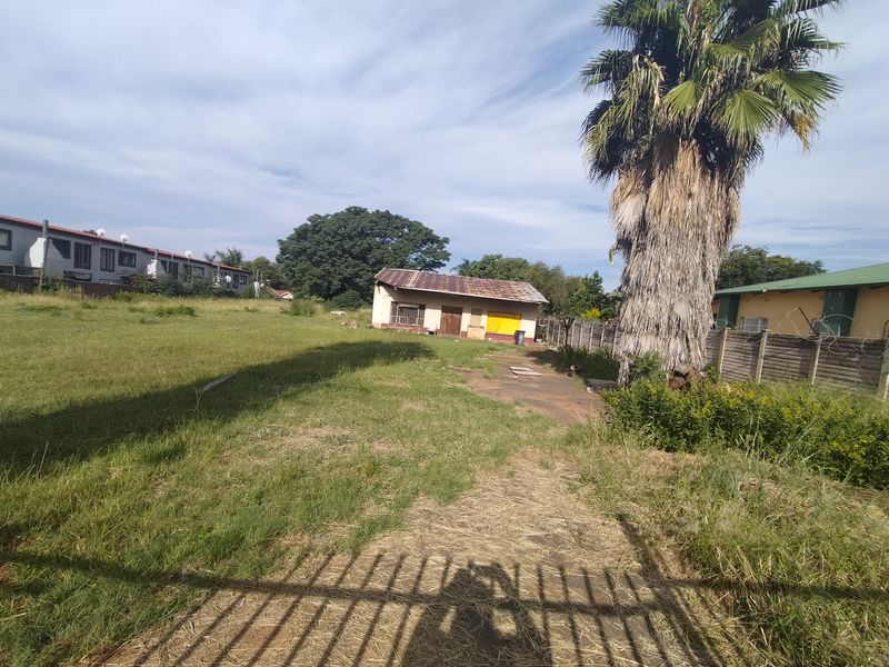 A view of a residential property featuring a large grassy yard, a mature palm tree, and a small dwelling with a corrugated metal roof.