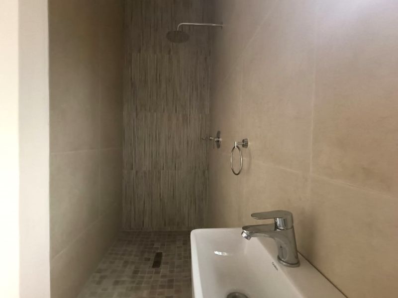 A modern bathroom featuring a walk-in shower with a rain shower head, mosaic floor tiling, and a wall-mounted basin with chrome fixtures.