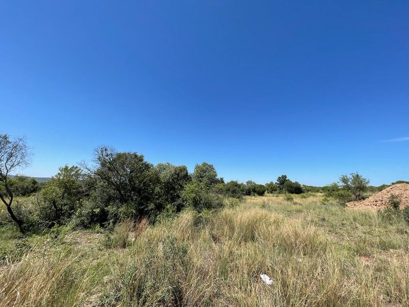 A view of the vacant residential land featuring natural grass, native trees, and shrubs under a clear blue sky.