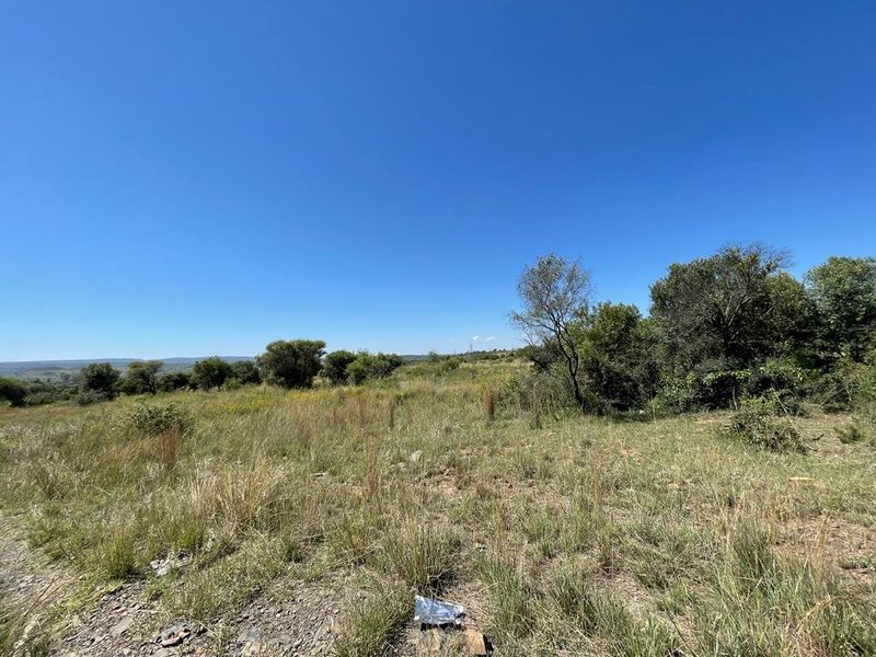 A wide-angle view of the vacant residential land featuring natural grass and indigenous trees under a clear blue sky.