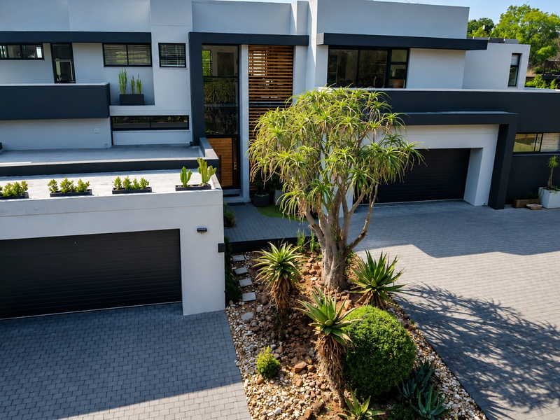 Modern double-story residence featuring a contemporary facade, paved driveway, double garage, and landscaped front garden with architectural planting.