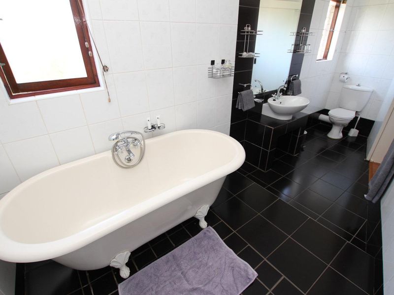 A modern bathroom featuring a classic clawfoot bathtub, pedestal basin, toilet, and contrasting black floor tiles with white wall tiling.