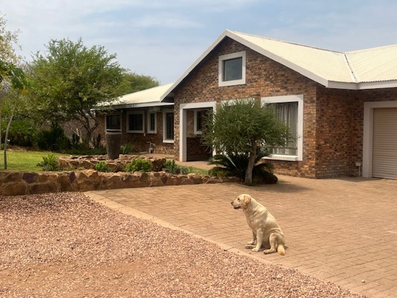 Front view of a face brick house featuring a paved driveway, stone retaining wall, and an attached garage with a roller door.