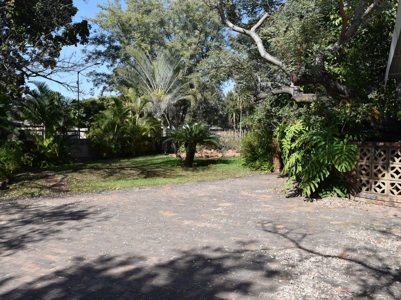 A spacious outdoor area featuring a paved driveway, mature trees, and established garden landscaping with brick boundary walls.