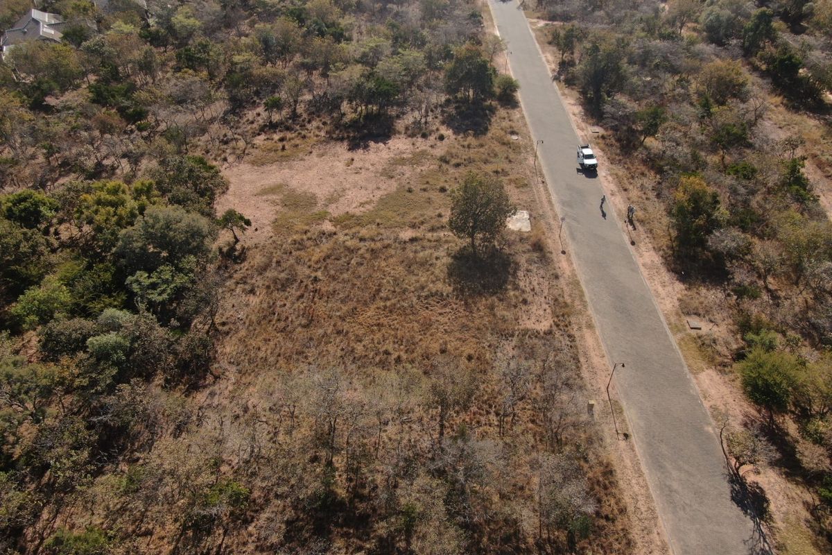 An aerial view of a vacant residential plot situated alongside a paved road with established trees and natural vegetation.