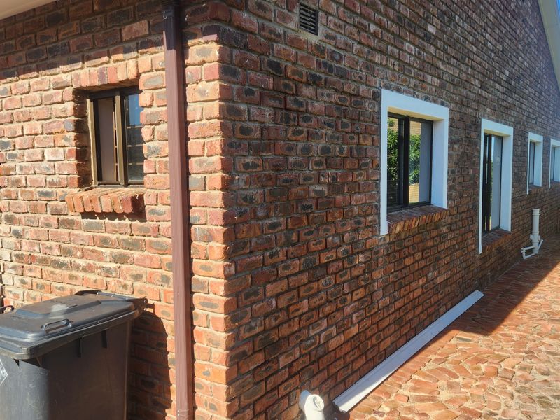 Rear exterior view of the house featuring face brick walls, aluminium window frames, a paved walkway, and an external utility sink area.