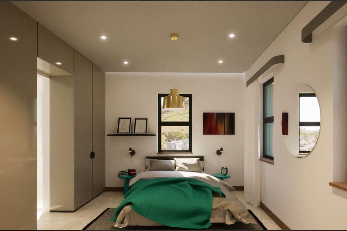 A modern, well-lit bedroom featuring built-in cupboards, recessed downlighting, and large windows with views.