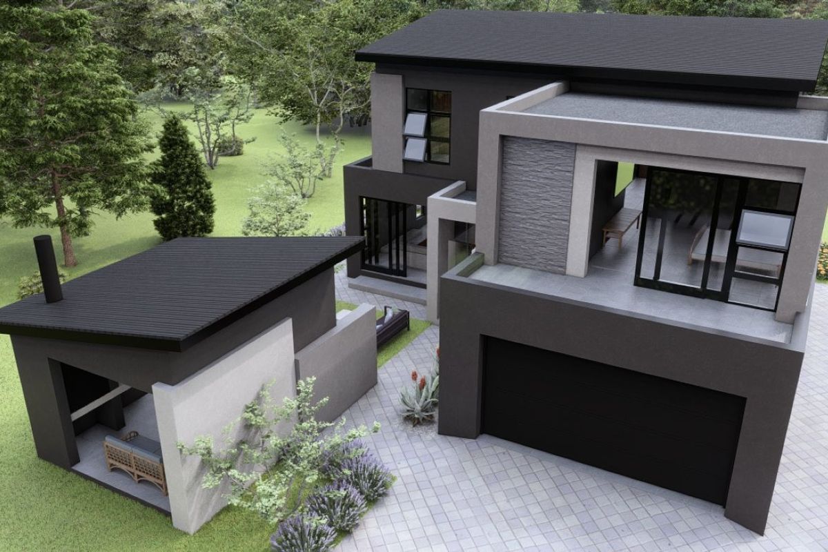 An aerial view of a modern two-story house featuring a paved driveway, integrated garage, and a separate covered outdoor entertainment area with a built-in braai.